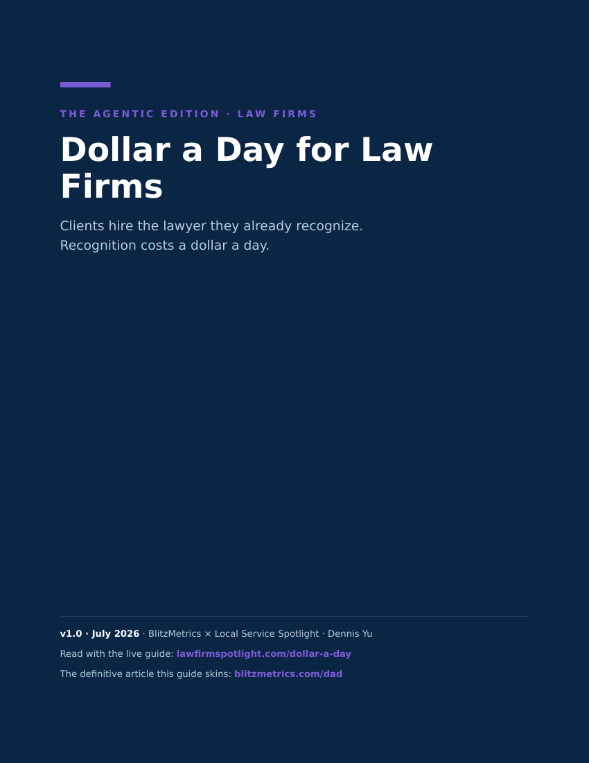 Cover of the Dollar a Day for Law Firms PDF guide, Law Firms edition, version 1.0 July 2026